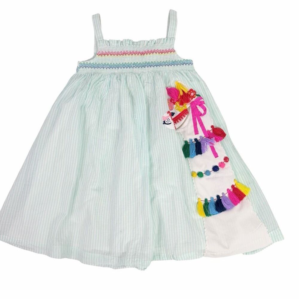 Mini Boden Smocked Stripe Llama Georgian Blue Appliqué Dress 6 - 7 SPOTS